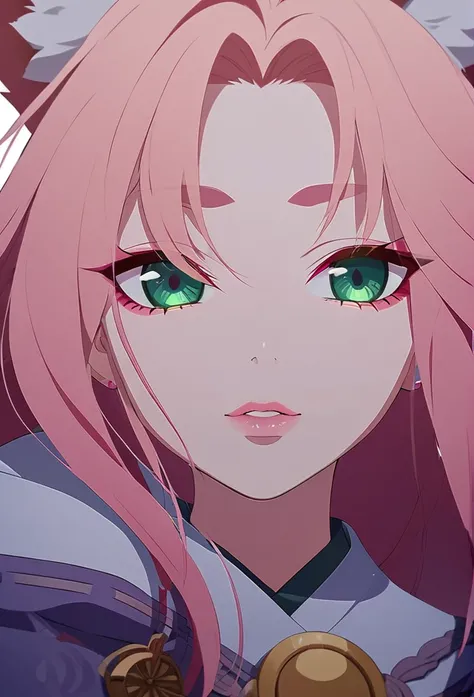 beautiful detailed eyes, beautiful detailed lips, extremely detailed eyes and face, a   kitsune, pink hair, green eyes,