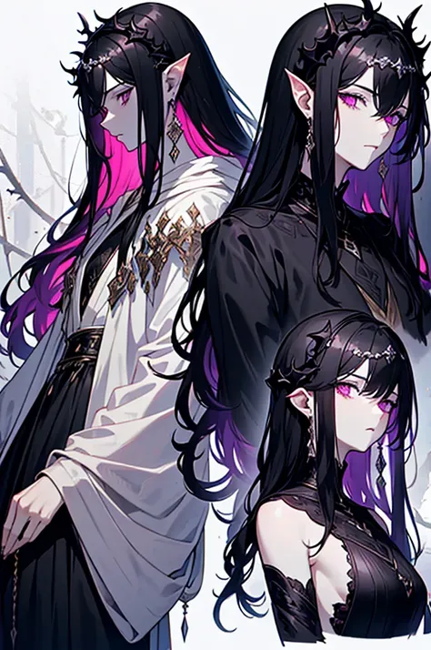 Adult male, absolutely black eyes, demonic eyes, dark-pearl wavy hair, pale skin, thorny vines entwine the hair, graceful delicate facial features, dark purple aristocrats clothes, black cloak covers his head, half body