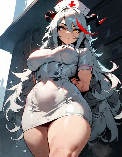 1girl, aegir (azur lane), azur lane  masterpiece, best quality, very aesthetic, absurdres, newest  sportive body,   by nyantcha,,by cutesexyrobutts,by khyle ///// silvery white hair with a single prominent red streak, black horns, yellow eyes,  , white bac...