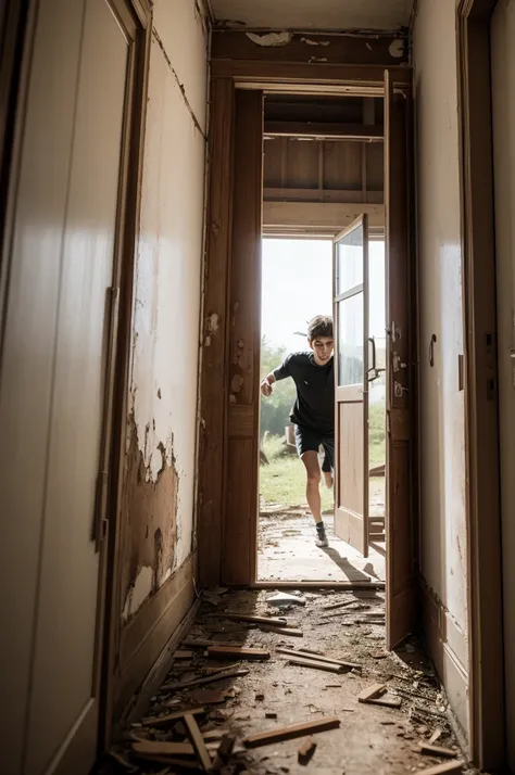 Young people running away from an abandoned house and the door is closed