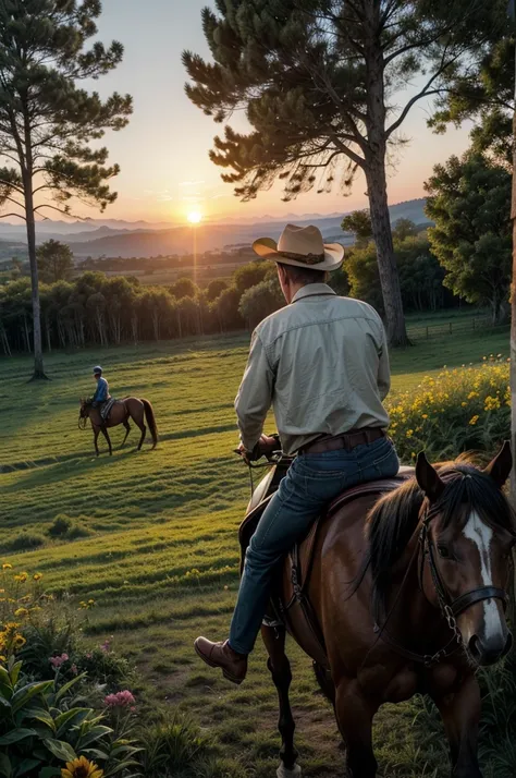 man riding a horse, backcountry, SUNSET, Afternoon, fild, TREES, realisitic, muito realisitic, grama verde, plants, flowers, SUNSET alaranjado, casa de fild com cercas, animais e flowerstas pequenas