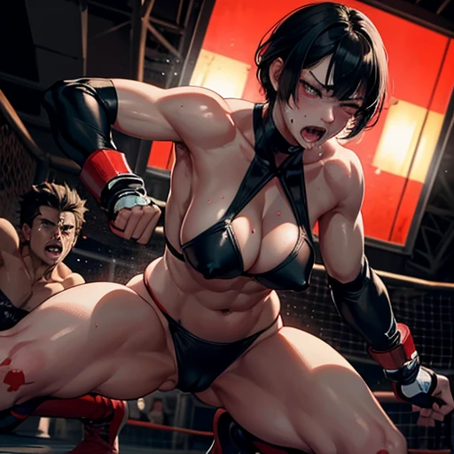 Bloody. Intense violence. The opponents attack bites into your body. They glare at each other. Her face distorted. Dynamic action. She punches, the opponent kicks. She is hit hard. They are killing each other. Survival battle. The two are exhausted. Two na...