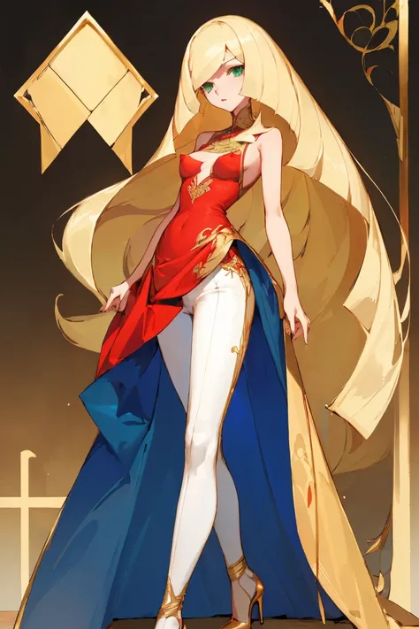 ((Highest quality)), ((masterpiece)), (Familiar), Lusamine,thin,Long blonde hair,Small breasts,Small breasts,Erect nipples,Adult female,Green Eyes,Slanted Eyes,Sleeveless dress,Gorgeous red dress,Gold embroidery,High heels,Fascinating,White pants
