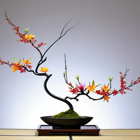 Zen’ei ikebana, in Japanese floral art, modern style, high quality, ultra hd, very vibrant and colored, high resolution, super cinematic