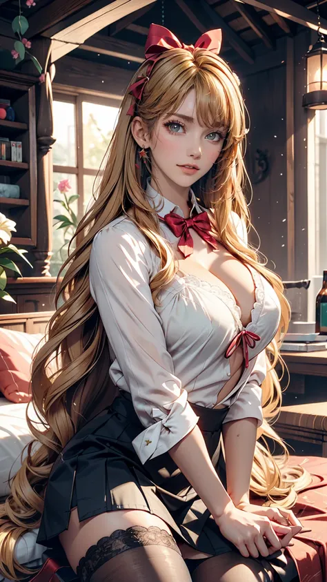 work, Highest quality, girl, long hair alternative, absurdly long hair, blonde hair, bow hair, Aqua Eye, Captivating smile, tongue, Iris, Long eyelashes, Big Breasts, Mole on chest, White shirt, Black short skirt, shoes, meanwhile, hair ribbon, flower ribb...