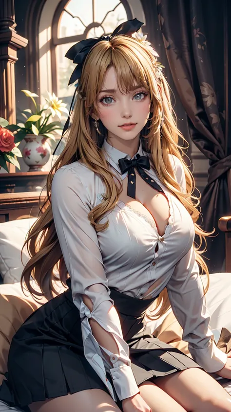 work, Highest quality, girl, long hair alternative, absurdly long hair, blonde hair, bow hair, Aqua Eye, Captivating smile, tongue, Iris, Long eyelashes, Big Breasts, Mole on chest, White shirt, Black short skirt, shoes, meanwhile, hair ribbon, flower ribb...