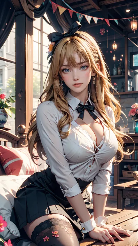 work, Highest quality, girl, long hair alternative, absurdly long hair, blonde hair, bow hair, Aqua Eye, Captivating smile, tongue, Iris, Long eyelashes, Big Breasts, Mole on chest, White shirt, Black short skirt, shoes, meanwhile, hair ribbon, flower ribb...