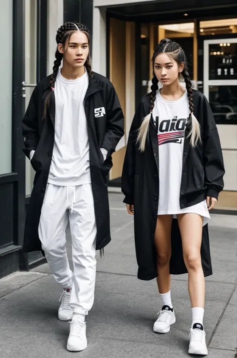 She is a girl, she has long hair., He has it white because he dyed it, He is young, he is 22 years old., she is japanese, His style is streetwear or athleisure, she has two braids 