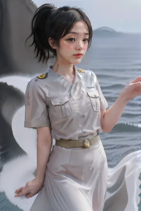 MAGIC in your area ,Ponytail hairstyle, Bangs, short sleeve uniform, waist up, smile, beautiful lighting, best quality, masterpiece, ultra highres, photorealistic (sea background:1.8)