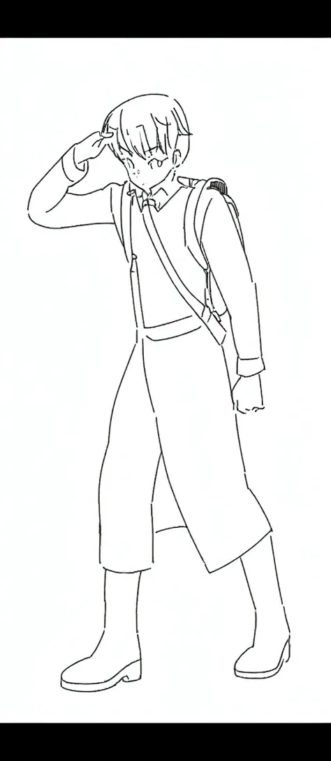 a drawing of a man in uniform with a backpack, clean line art, describe drawing, clean anime describes, describe sketch, simple line art, sharp line art, perfect line art, line art!!, described!!!, describe art, line art, thick line art, heavy line art, fu...