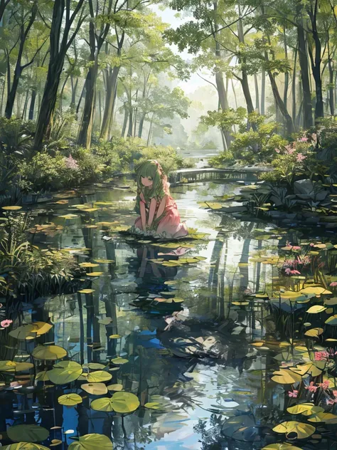 ((((Outdooring,The wilderness, pond, lake)), 1girl, calm, sitting, (((Verdant Huntress)), (fairy:, pale skin, long hair, ((green eyes)), ((radiant aura)), ((strength emanating from the whole)), pink bow, green clothes, (natural attire), (( accessories)), (...