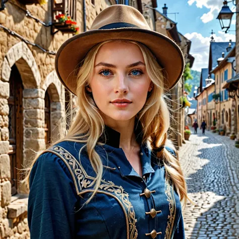 Top quality, masterpiece, realistic photo, exquisite details, raw photo, super detailed, old fashioned young woman, hunters tunic, pointed hat, blonde hair, perfect details, blue eyes, walking through an old town, HD quality, 8K, young woman, 15 years old