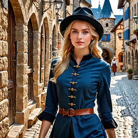 Top quality, masterpiece, realistic photo, exquisite details, raw photo, super detailed, old fashioned young woman, hunters tunic, pointed hat, blonde hair, perfect details, blue eyes, walking through an old town, HD quality, 8K, young woman, 15 years old