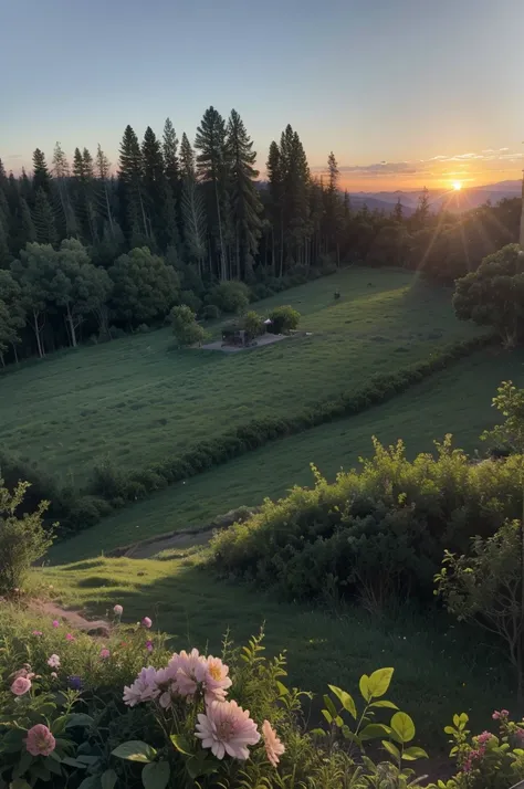 backcountry, SUNSET, Afternoon, fild, TREES, realisitic, muito realisitic, grama verde, plants, flowers, SUNSET alaranjado, casa de fild com cercas, animals.