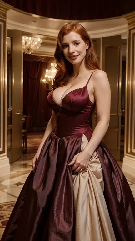 Jessica Chastain in a ball gown with enormous cleavage with a sexy smile.