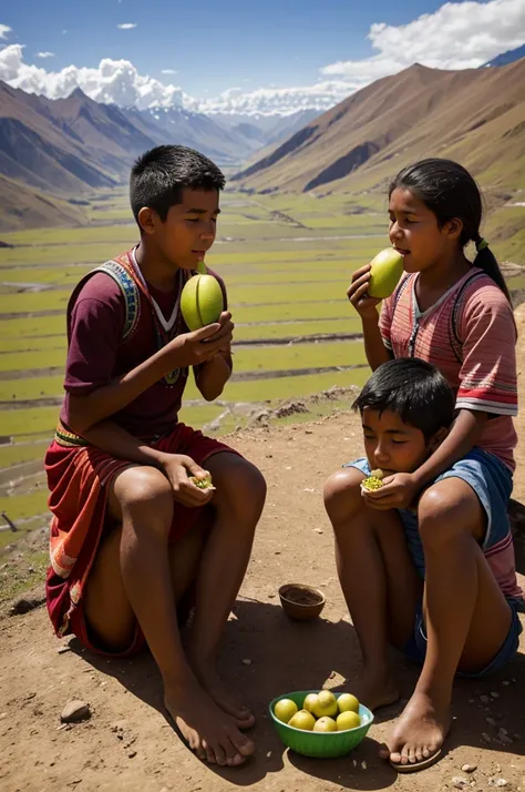 2 indigenous teenagers, eating fruits in a high pampa in the Peruvian mountains 