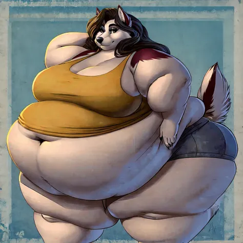 Malamute, female, long hair, gorgeous, beautiful, eyelashes, voluptuous, plump, belly rolls, fat arms, fat legs, belly overhang,tank top, shorts 