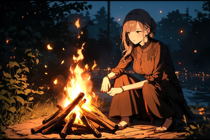 Woman having a bonfire at night