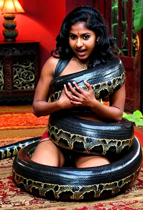  Happy Horny, aroused 1girl), beautiful kneeling indian thick young teen girl  with  giant colossal black titanboa squeezing her hard, wrapped in thick spiraling coils, constricted, struggle, gasping for air, snake attack, snake peril, moonless night, dim ...