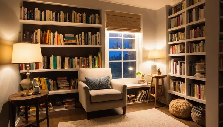 Illustrate a cozy reading nook with shelves of books, a comfy armchair, and soft lighting.