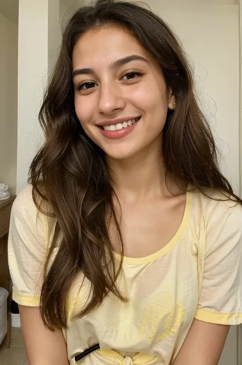 20YO, small nose, one women,attractive, Jordanian, Arab, Bright Yellow shirt, cute smile, cute face, white teethes, skinny face, light brown eyes, black/blonde long hair, modest