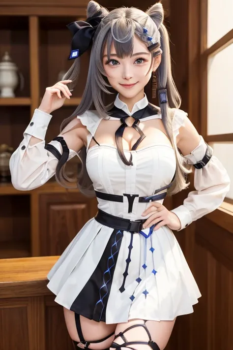 (masterpiece, best quality:1.2), cowboy shot, solo, 1girl, vestia zeta, virtual youtuber, smile, looking at viewer, hair ribbon, hair ornament, white dress, single thighhigh, thigh strap, perfect big breast