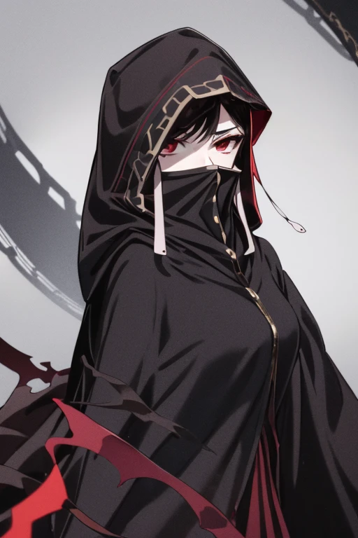 NNAssassinFSF, 1girl, solo, median breasts, black hair, red eyes, long sleeves, dress, hood, long skirt, black dress, cape, black cloak, hood up, black robe, covered mouth, hooded cloak, ((masterpiece,best quality)) city