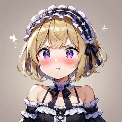 Replied: 1girl, solo, pout, :t, short hair, purple eyes, bare shoulders, hairband, lolita hairband, blonde hair, blush, upper body, ((medium quality)), ((medium quality))