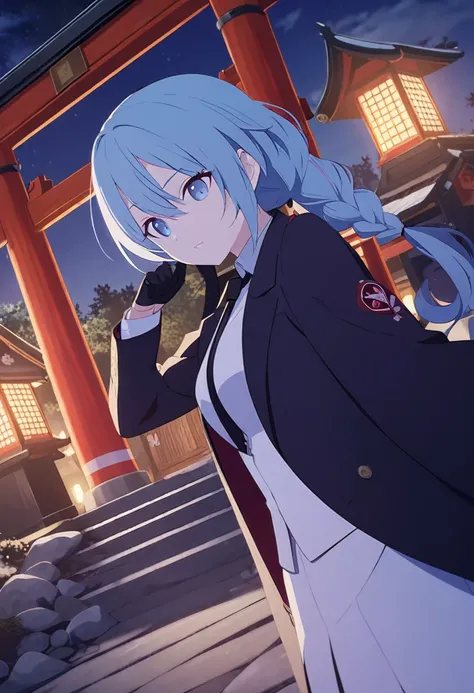 One Girl,azure hair,Hairstyle: braided ponytail, pale blue eyes,Medium chest,Dynamic Angle),Japanese shrine with night background,Black coat、Black suit、White Shirt、Black tie、Black gloves