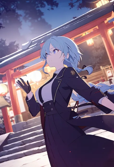 One Girl,azure hair,Hairstyle: braided ponytail, pale blue eyes,Medium chest,Dynamic Angle),Japanese shrine with night background,Black coat、Black suit、White Shirt、Black tie、Black gloves