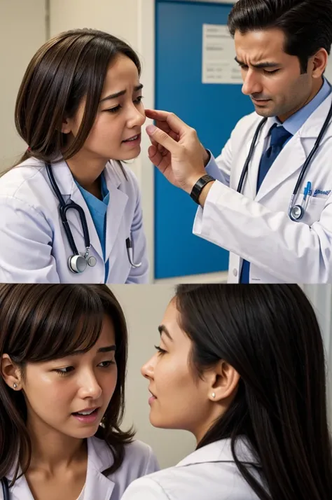 A realistic girl is being told by the realistic doctor and is crying 