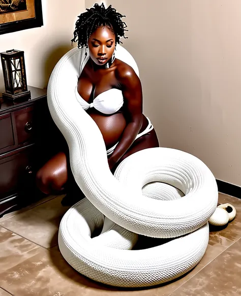  Pregnant Happy Horny, aroused 1girl), beautiful kneeling ebony    young teen girl  with  giant colossal  white  titanboa squeezing her hard, wrapped in thick spiraling coils, constricted, struggle, gasping for air, snake attack, snake peril, moonless nigh...