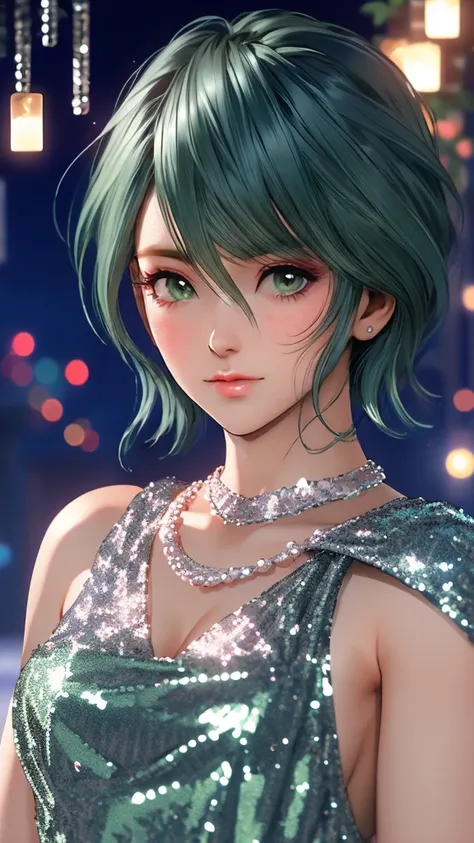 1woman, tamaki, green short hair, green eyes, hair between eyes, detailed eyes, Long eyelashes, (silver sequined dress:1.3), squinting, blush, night, Pearl Necklace, Close-up of face