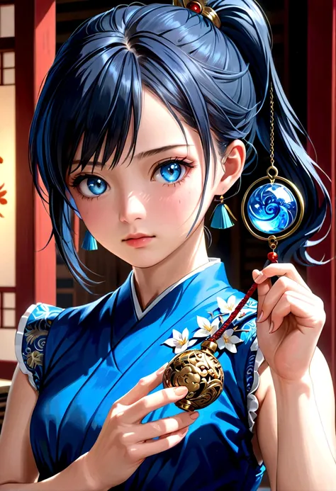 a young japanese girl with blue eyes, ponytail, wearing a blue dress, holding a talisman in her hand, detailed face, detailed eyes, detailed hair, (best quality,4k,8k,highres,masterpiece:1.2),ultra-detailed,(realistic,photorealistic,photo-realistic:1.37),v...