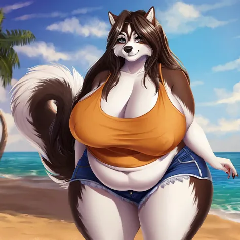 Malamute, female, long hair, gorgeous, beautiful, eyelashes, voluptuous, plump, belly rolls, fat arms, fat legs, ,tank top, shorts ,huge saggy breasts , ,cute,fringe on eye