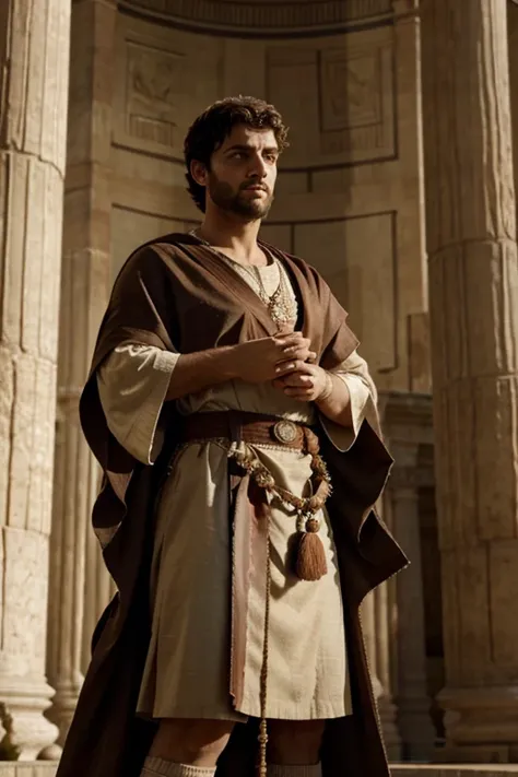 Marco Aurelio, portrayed in hyper-realistic style, standing solemnly amidst the grandeur of ancient Rome, wearing traditional Roman senatorial robes, captured in a mid shot 