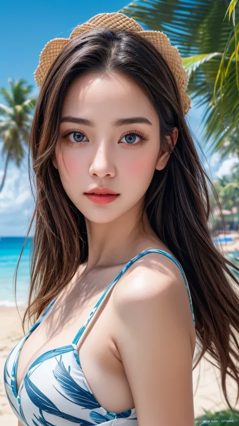 (highest quality、8K、32k、masterpiece)、(RAW Photos)、(Realistic)、(High resolution)、Very detailed、Very beautiful face and eyes、1girl,Swimwear、Beach、blue sky、Palm tree、