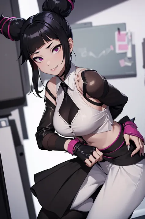 juri han, work of art, tight white secretary shirt with black tie, black high waist skirt, short skirt,stocking, black hair, black tights,evil smile,office,franja nos olhos,iluminação,chifre de cabelos,visão de cima,olhando para cima
