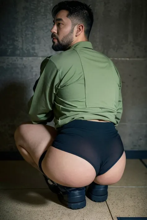 40-year-old boy ,Japanese Kenta bulky male officer, facial hair bearded, ((navy military shirt,  gear tactical gear)) , ((unrealistic super big tight butt wearing navy green color underwear)), turn back to look at the camera, squatting on the ground. in a ...