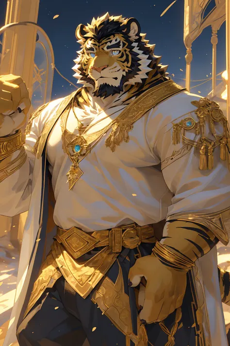 (Toned body),(White regular clothes:1.5),16k high quality detailed art,(White regular clothes:1),(Golden Tiger:1.1), (((White and golden fur:1.5))),(Duotone),(A pair of eyes of different colors, Blue and gold eyes:1.7),(Both eyes are the same size:1.4),(Mu...