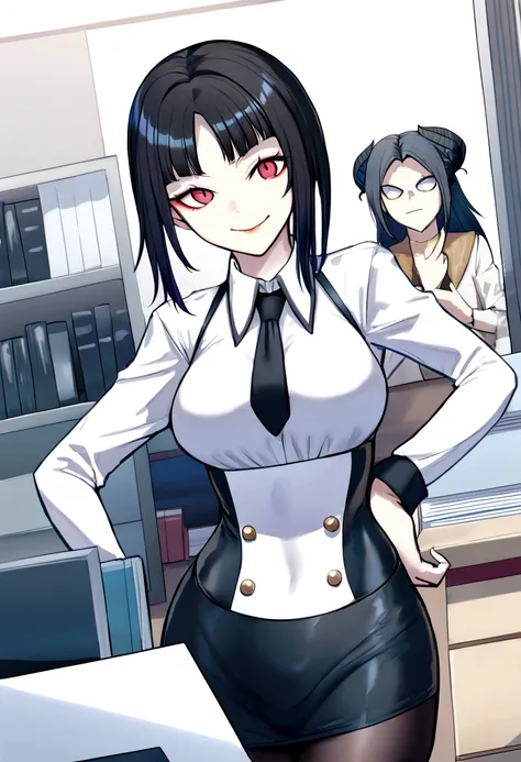 juri han, work of art, tight white secretary shirt with black tie, black high waist skirt, short skirt,stocking, black hair, black tights,evil smile,office,franja nos olhos,iluminação,chifre de cabelos,visão de cima,olhando para cima
