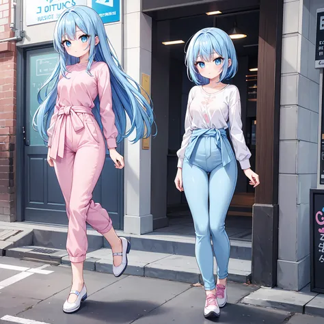 A woman, small breasts, cute face, blue hair and blue eyes, full body, thin waist, pink-light blue pants, wearing a pink and light blue shirt, blue shoes, perfect thighs