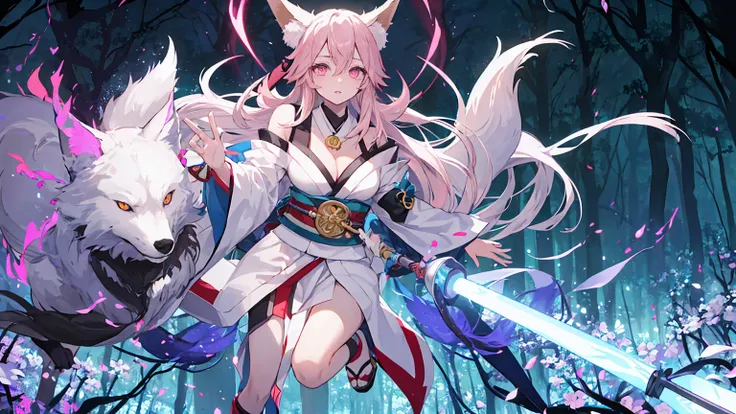 1girl, adult, tamamo no mae / kyubi no kitsune ((human form)), silver hair, hair between eyes, long bangs hairstyle, white fox ear, wearing light blue flower kanzashi,  beautiful face, pink pupil eyes, almond eyed shape, pink lips, wearing gold amulet neck...