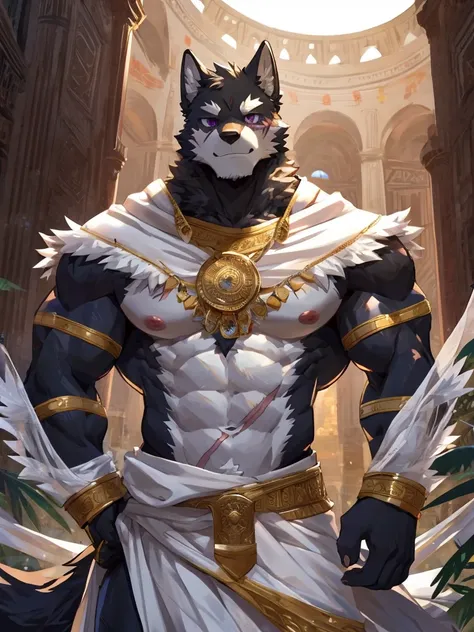 embedding:black wolf, male,purple eyes,Scar on the face, scar on the body,Single person,The fur on the chest and abdomen is white.Toga,Costumes of ancient Greece,White clothes,sacred，Expressions and movements full of divinity,A serious expression,The highe...