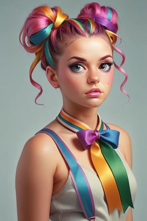 Hyperrealistic portrait of a beautiful and proud woman with her hair tied up in several ribbons and multicolored hair wearing a romper from Irakli Nadar. 