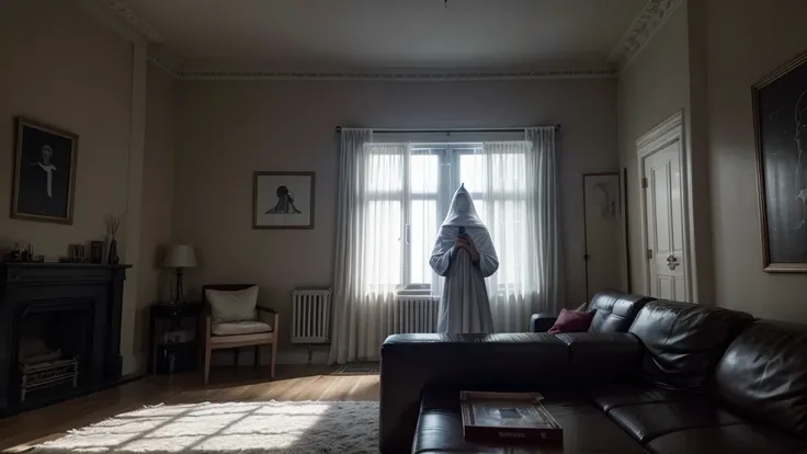 inside a dark house in the living room and a person with a sheet on their head outside the window in cartoon style