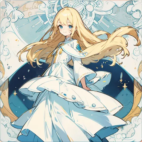 Girl、Long blonde、Bangs、Drooping eyes、smile、White dress、Fine skin、background none、front