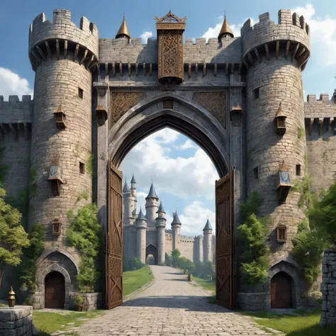 (best quality)), ((masterpiece)), ((realistic,digital art)), (super detailed), (gigantic gate of a fortified city), (medieval fantasy style), front view