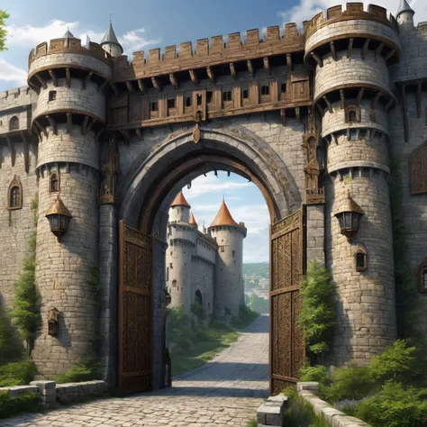 (best quality)), ((masterpiece)), ((realistic,digital art)), (super detailed), (gigantic gate of a fortified city), (medieval fantasy style), front view