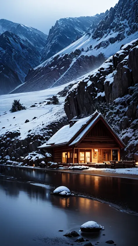 house in a mountain, river big, rocks with snow, sharp focus, insane detailed, 8k. 50-mm-lens